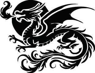 Black dragon icon. Black silhouette icon. Asian style tattoo template isolated on white background