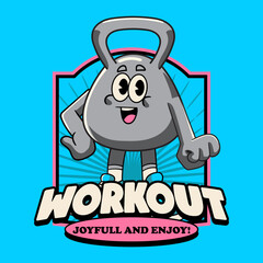 Kettlebell fitness Retro Cartoon Character Vintage Style for bodybuilding
