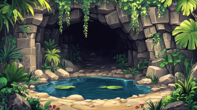 Abandoned stone cave in jungle with pond cartoon vector background. Underground prehistoric tunnel view adventure scene with magic portal in cavern lake. Empty grotto place rock illustration and liana