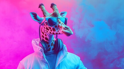 A fantasy character with the head of a giraffe wearing sunglasses and headphones in a white jacket enjoying music against a vibrant pink and blue backdrop