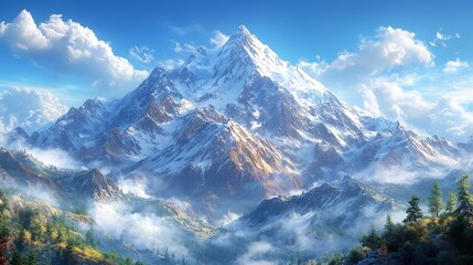 Fototapeta premium Majestically Rising Snow-Capped Peak: A Stunning Digital Painting in a Breathtaking Landscape. AI Generated