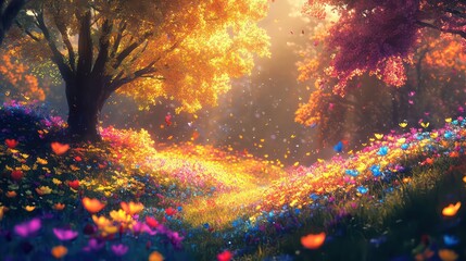 Obraz premium Dreamy Sunlit Wildflower Meadow with Magical Morning Glow – Vibrant Nature Art for Spring Serenity for Wallpaper