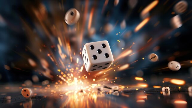 A dynamic image of a dice exploding with sparks in a dramatic, colorful background, symbolizing chance and excitement.