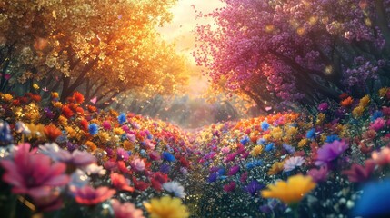 Obraz premium Dreamy Sunlit Wildflower Meadow with Magical Morning Glow – Vibrant Nature Art for Spring Serenity for Wallpaper