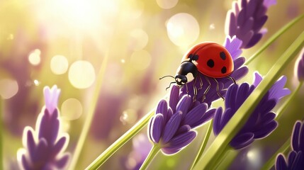 Close-Up of a Vibrant Ladybug Resting on a Lavender Flower Under a Soft Glowing Light in a Serene Garden Setting with Gentle Bokeh Background