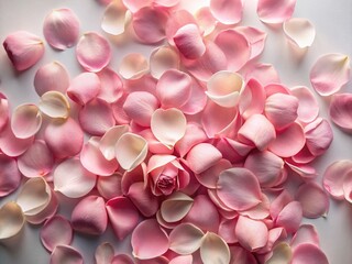 Obraz premium Aerial View Soft Pink Rose Petals Scattered on White Background - Drone Photography