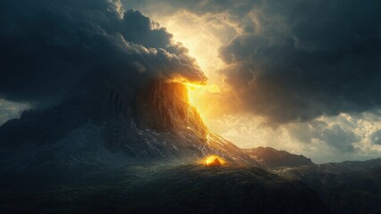 Fototapeta premium Golden treasure chest atop a stormy mountain, bathed in sunlight, symbolizing the high risk needed for high reward