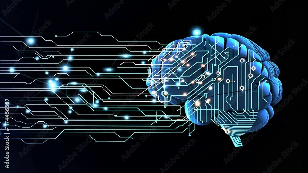 Poster digital brain with circuit patterns showcases fusion of artificial intelligence and technology, high