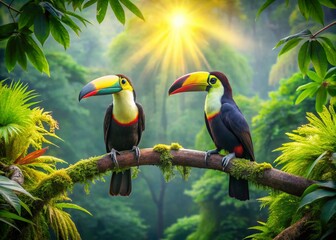 Obraz premium Aerial View: Two Toucans on Rainforest Branch, Lush Jungle Wildlife