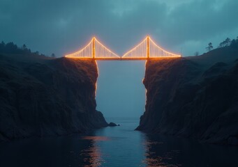 Illuminated bridge connecting cliffs over calm waters at twilight