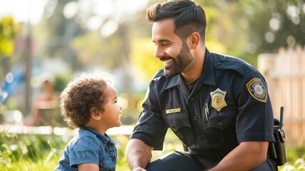 Fototapeta premium A smiling police officer interacts joyfully with a young child outdoors, showcasing a moment of connection and community.