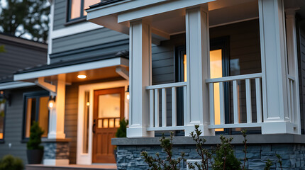 Fototapeta premium Evening view of a two-story house exterior. Gray siding, white porch columns and railing, lit interior windows and a wooden front door are prominent. Stone accents are visible at the base.