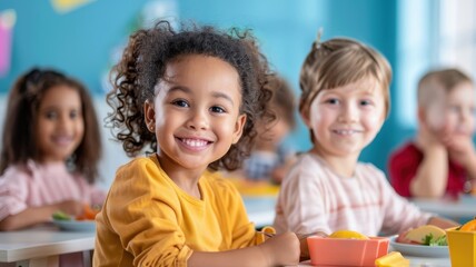 A joyful group of children enjoying snacks in a colorful classroom, radiating happiness and friendship.