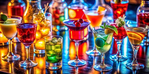 Fototapeta premium Aerial View: Vibrant Cocktails on Nightclub Bartop