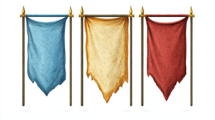 White pennant flags mockup, blank vertical banners on flagpole with rounded, concave, pointed and double edges. Isolated medieval heraldic empty ensign templates. Realistic 3d vector illustration set