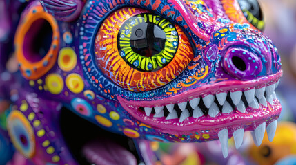 Close-up of vibrant, hand-painted alebrije creature head, showcasing intricate details and bright colors.