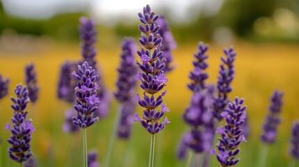 Obraz premium Lush Lavender Flowers Blooming in a Vibrant Field Under a Clear Blue Sky, Showcasing Nature's Beauty and Tranquility in Full Color and Details