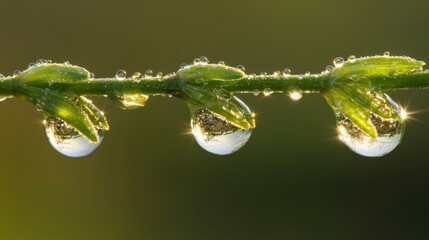 Macro Shot of Dew Drops on Fresh Green Leaves Capturing Natural Beauty and Serenity in Early Morning Light, Ideal for Nature and Gardening Themes