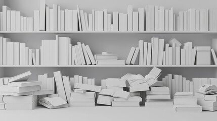 White bookshelf mockup, books on shelf in library, home, school or office interior. Volumes with blank paperback stand in row and lying in pile on rack standing on floor, realistic 3d vector mock up