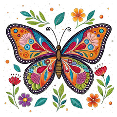 A meticulously detailed butterfly with wings adorned with vibrant floral and leaf