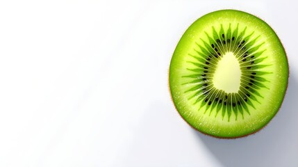 Vivid Green Kiwi Slice with Intricate Black Seeds and Fuzzy Brown Skin, Perfectly Centered on a Clean White Background, Showcasing Natural Juiciness, Texture, and Organic Beauty