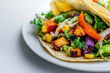 Fresh Vegetable Taco with Grilled Tofu, Colorful Toppings, and Greens Served on a White Plate, Perfect for Healthy Eating and Culinary Inspiration