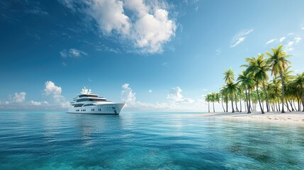 Obraz premium Luxury Yacht in Tropical Paradise with Palm Trees