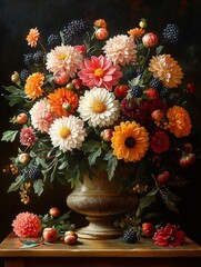 Vibrantly Colored Floral Still Life Oil Painting: A Detailed Close-Up. AI Generated