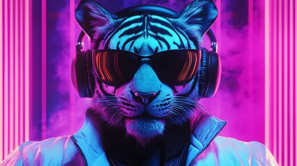 A fantasy character with the head of a tiger in sunglasses and headphones in a white jacket enjoying music with a glowing pink and blue backdrop