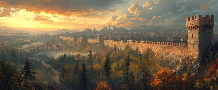 Majestic sunset over medieval city walls, towers, and autumn forest.
