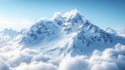 Obraz premium Majestic Snow-Capped Peaks Rise Above Clouds: Stunning 3D Rendered Mountain Landscape. AI Generated