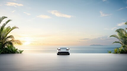 Scenic Car Overlooking Ocean at Sunset
