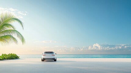 Serene Beach Scene with Car and Tropical Vibes