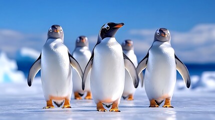 Obraz premium Penguins Waddling in Synchronized Lines on Snowy Terrain