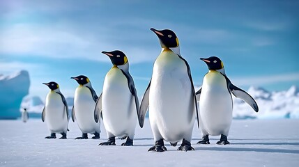 Fototapeta premium Penguins Waddling in Synchronized Lines on Snowy Terrain