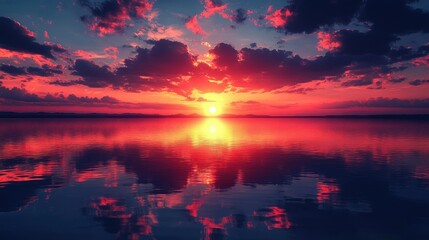 A vibrant sunset reflected on calm water, showcasing beautiful colors in the sky.