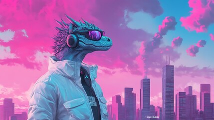 Fototapeta premium A fantasy character with the head of a dragon wearing sunglasses and headphones in a white jacket against a pink and blue urban skyline