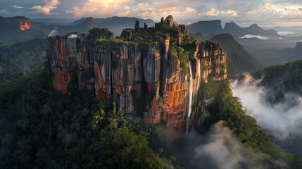 Fototapeta premium A magical rainbow waterfall defying gravity, flowing upward into the clouds in a dreamlike scene