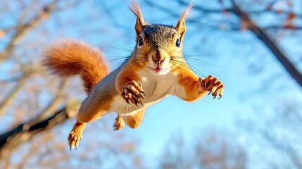 Fototapeta premium Squirrel Leaping Between Branches in the Forest