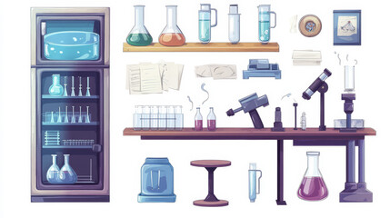 Science laboratory interior furniture and equipment. Cartoon vector set of chemical lab or school tool elements - working desk and fridge with chemistries, glass beaks with liquid and microscope.