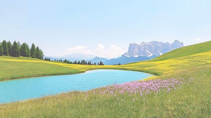 Obraz premium Vibrant Springtime Photo: Serene Mountain Lake Nestled in Blooming Meadow. AI Generated