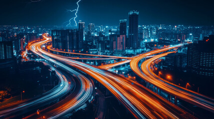 Fototapeta premium Night neon light from future city building on road background. Perspective skyscraper street and futuristic urban highway track view. Dark modern metropolis and thunderbolt discharge trail in sky.