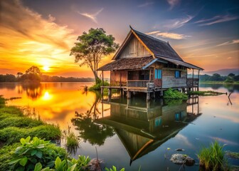 Fototapeta premium Ancient Thai House on Khao Wong Lake, Suphan Buri - Stunning Sunrise