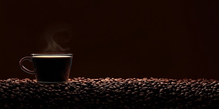 A steaming black coffee cup surrounded by roasted beans, with rich, moody lighting