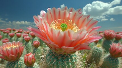 Close-up of a vibrant pink cactus flower in bloom, surrounded by other cacti under a bright blue sky with fluffy clouds.