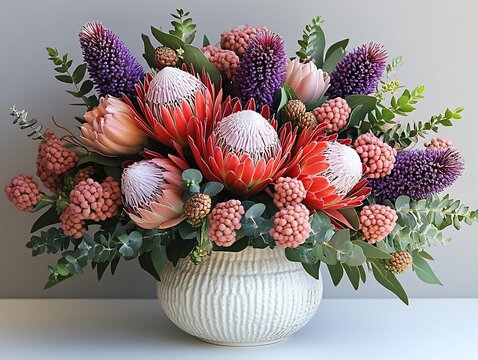 Vibrant Protea Flower Arrangement Photo: Close-up View of Exquisitely Crafted Bouquet in Elegant Vase. AI Generated