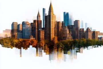 Obraz premium Stunning Urban Skyline with Historic Architecture and Modern Towers Overlapping Against a Vibrant Autumn Tree Line in a Dreamy Cityscape