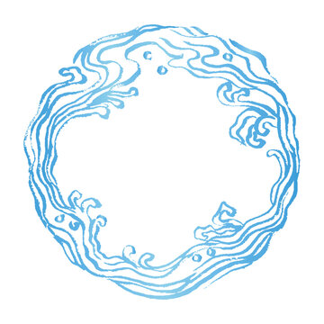 recommend clip art: 青い毛筆の和風線画イラスト。輪状の墨筆のダイナミックでかすれた波。海や水しぶきのコンセプト　