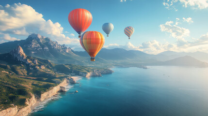 Obraz premium Hot air balloons flying above ocean and mountains