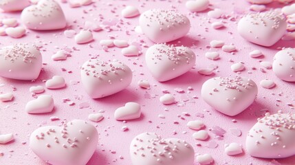 Delicate Pink Heart Candies with Sprinkles on a Soft Pink Background for Celebrations and Romantic Occasions